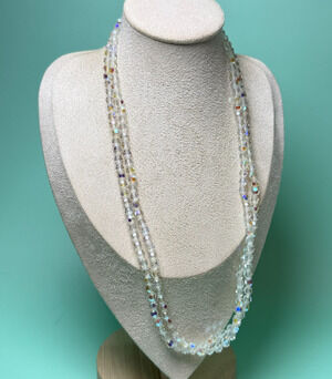 Vintage 47" Long Clear Aurora Borealis AB Faceted Crystal Glass Necklace Czech